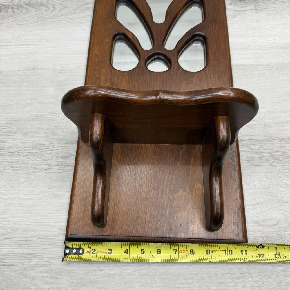 Vintage Wood Wall Shelf Mirror Inlay Display Shelf Pegs Handmade 1983 Folk Art